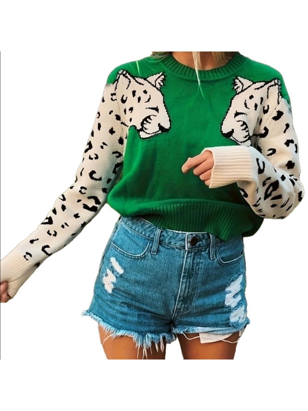 Womens Leopard Sleeve Sweater